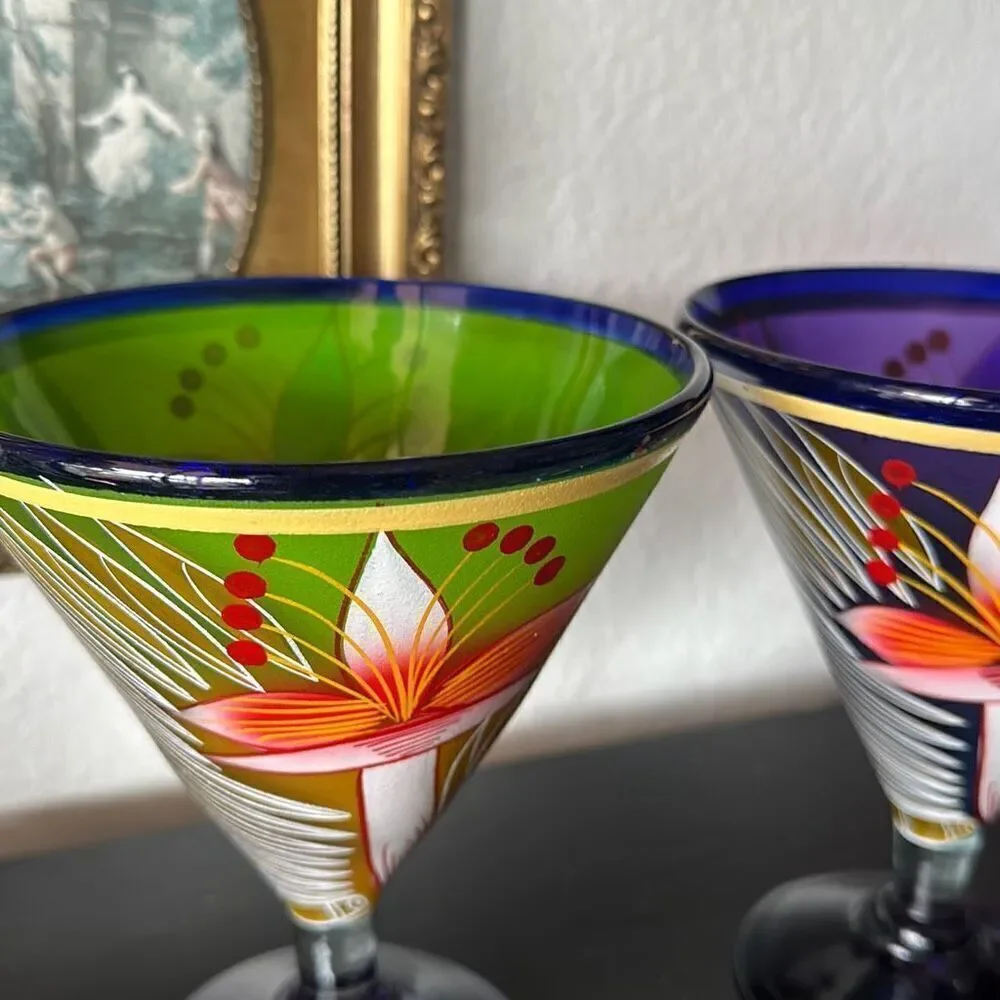 Set of two blue rim margarita cocktail made in Mexico glasses cups